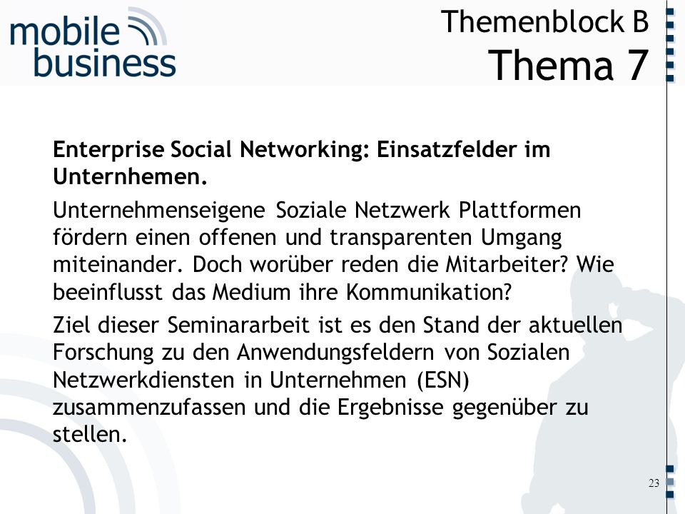 Themenblock B Thema 7 Enterprise Social Networking: Einsatzfelder im Unternhemen.
