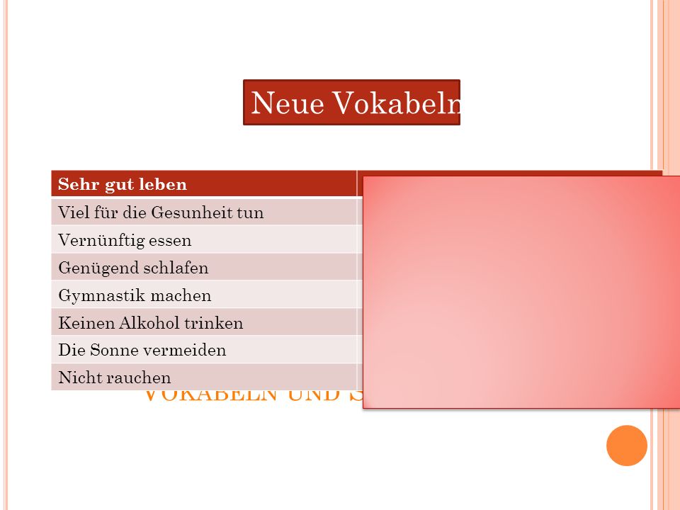 Neue Vokabeln Vokabeln und Sätze Sehr gut leben To live well