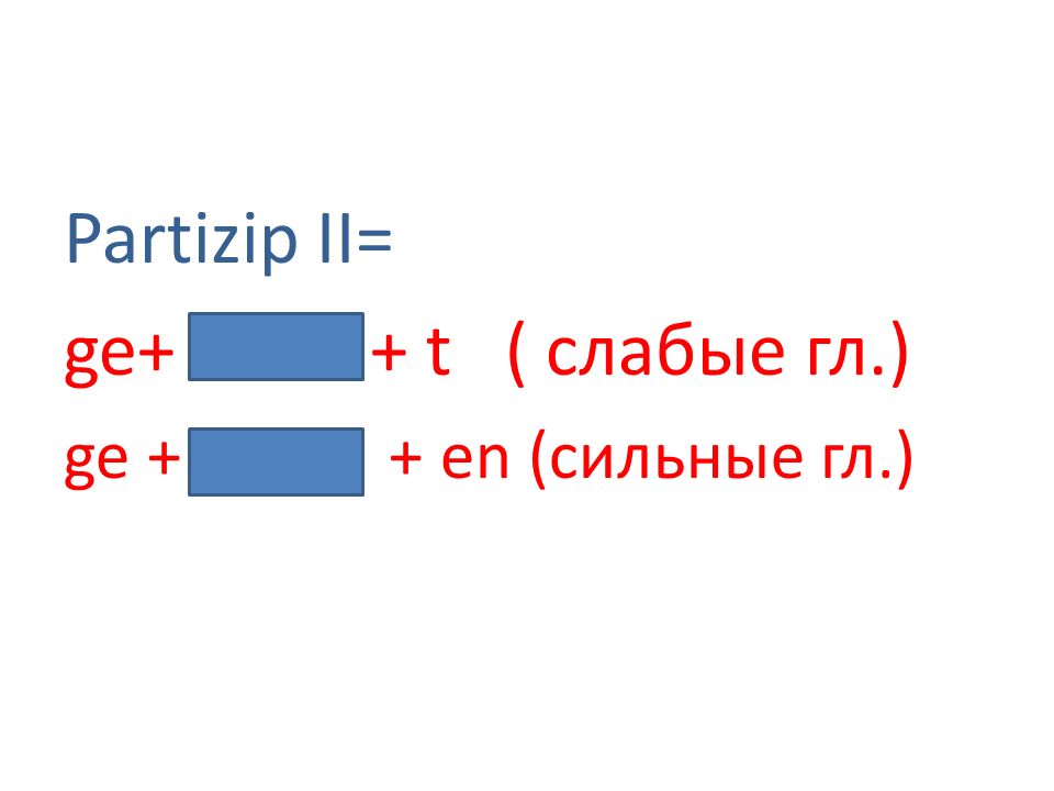 Partizip II= ge+ + t ( слабые гл.) ge + + en (сильные гл.)