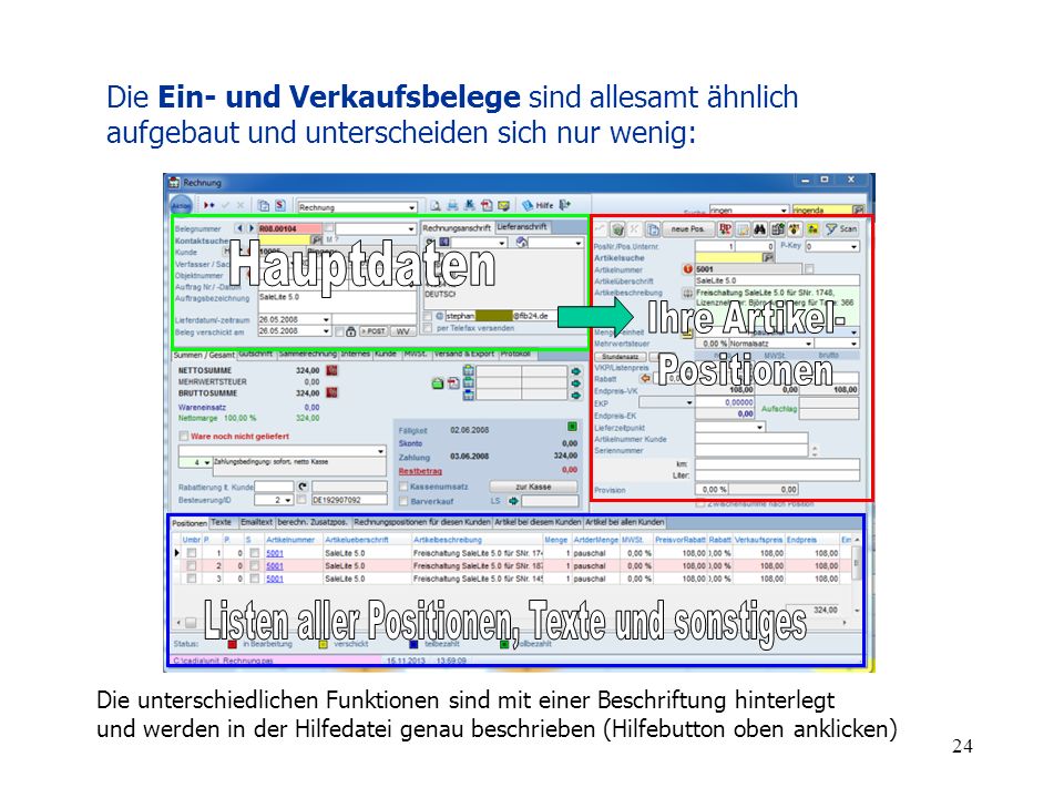 Listen aller Positionen, Texte und sonstiges