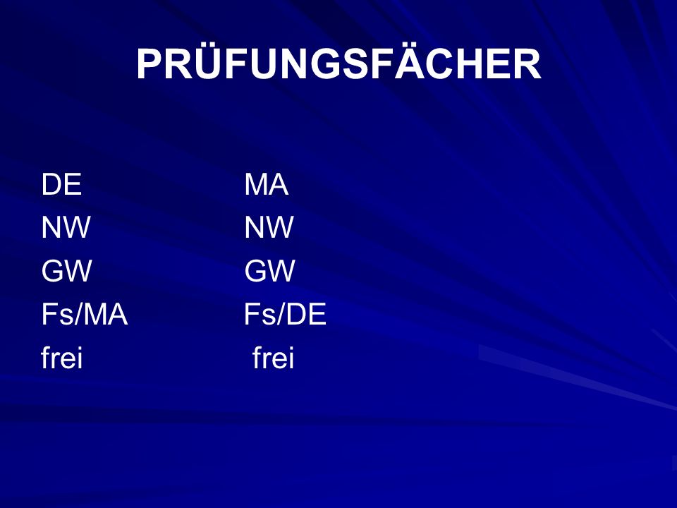 PRÜFUNGSFÄCHER DE MA NW NW GW GW Fs/MA Fs/DE frei frei