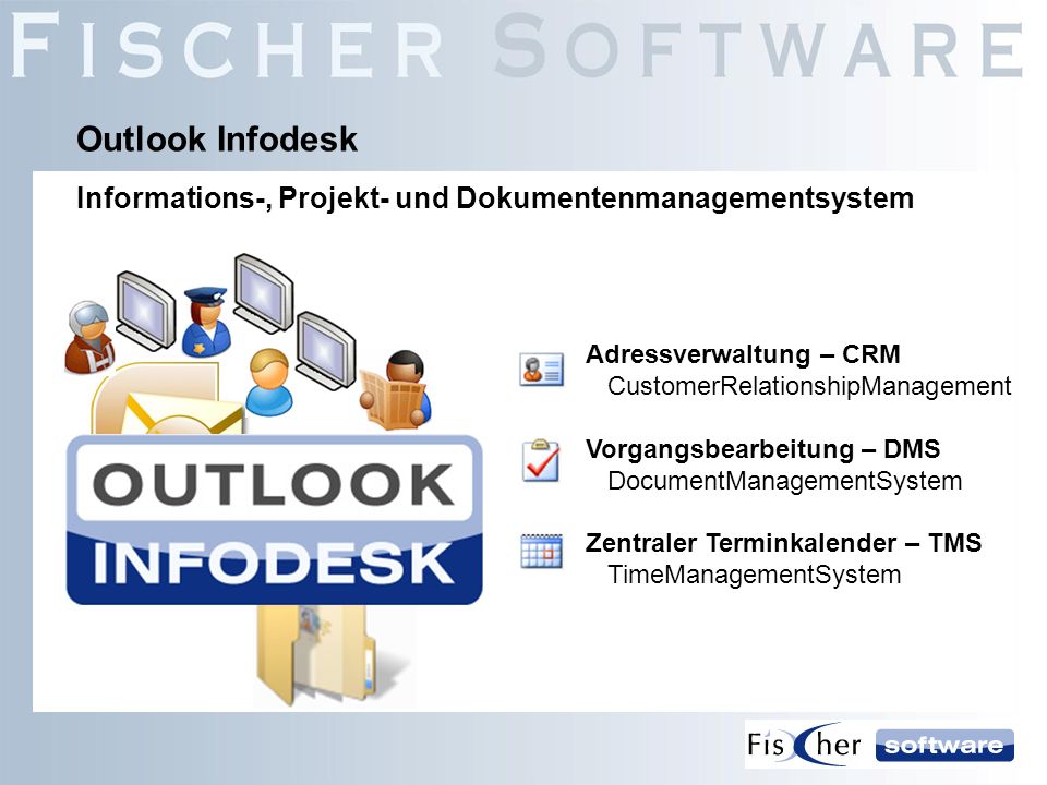 Outlook Infodesk Informations-, Projekt- und Dokumentenmanagementsystem. Adressverwaltung – CRM CustomerRelationshipManagement.