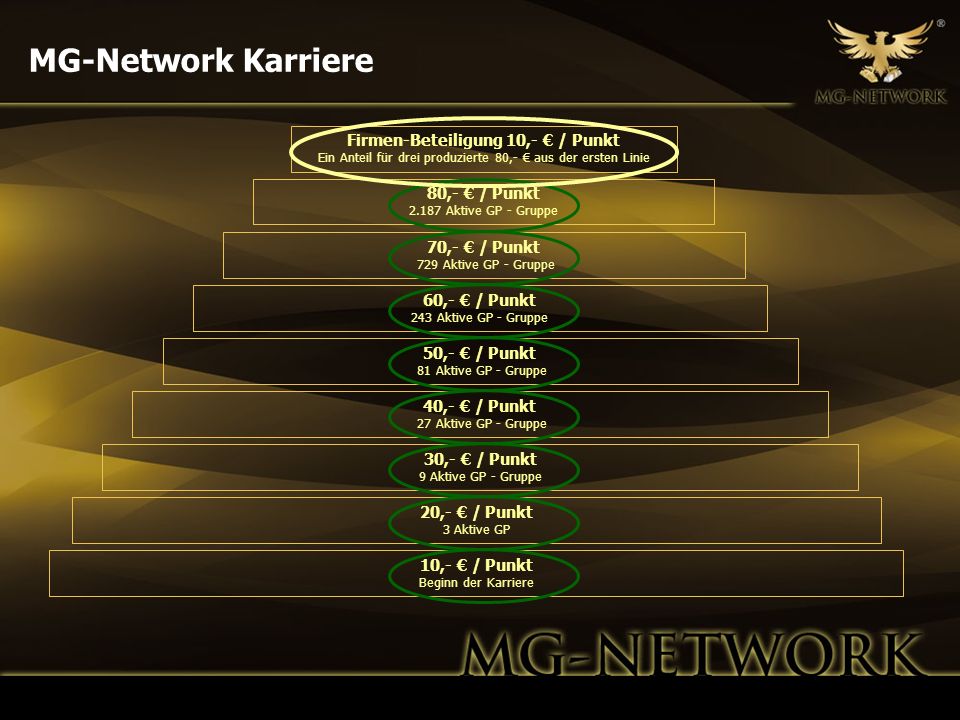 MG-Network Karriere Firmen-Beteiligung 10,- € / Punkt Ein Anteil für drei produzierte 80,- € aus der ersten Linie.