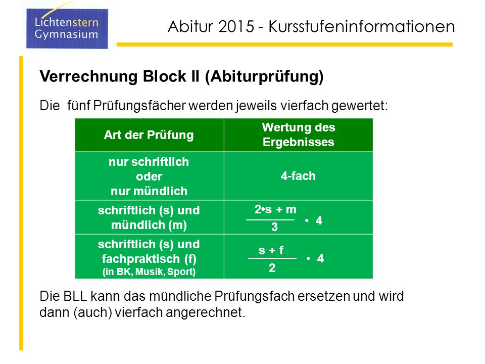 Verrechnung Block II (Abiturprüfung)
