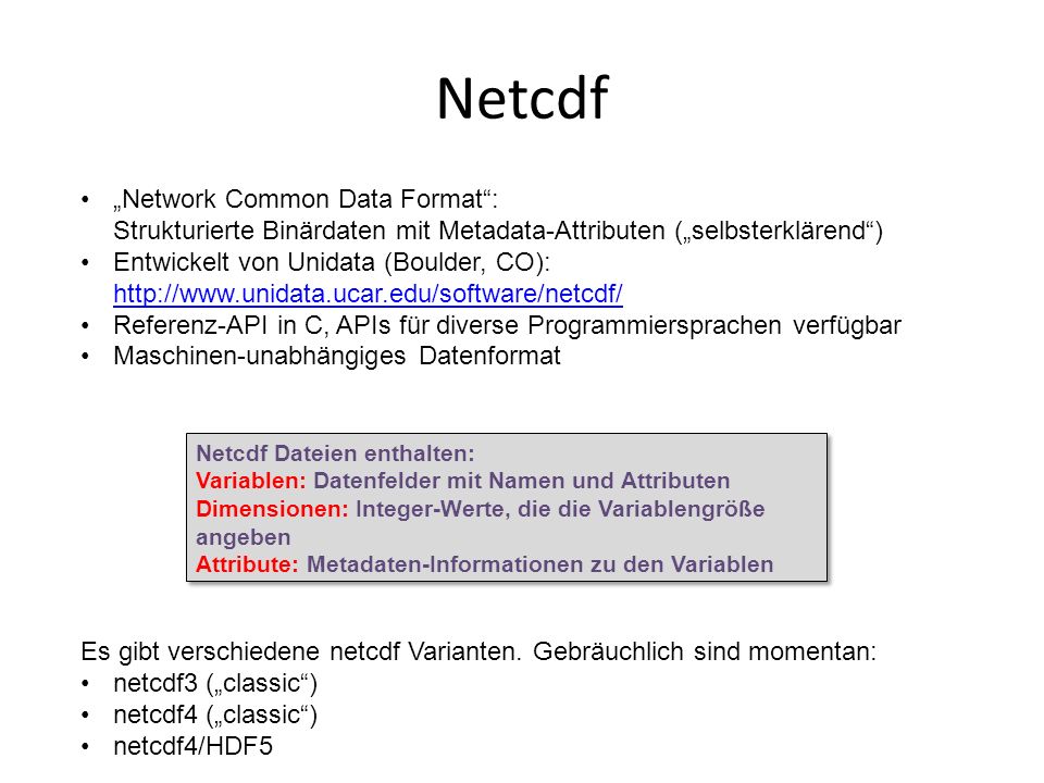 Netcdf „Network Common Data Format : Strukturierte Binärdaten mit Metadata-Attributen („selbsterklärend )