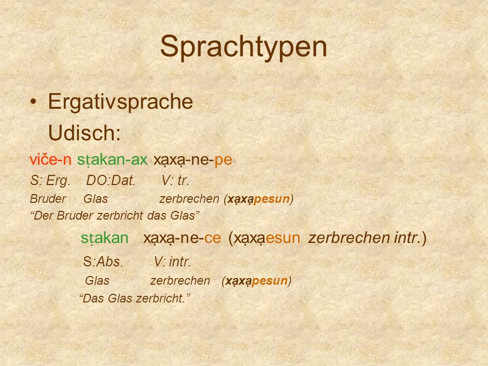 Sprachtypen Ergativsprache Udisch: viče-n sṭakan-ax xạxạ-ne-pe