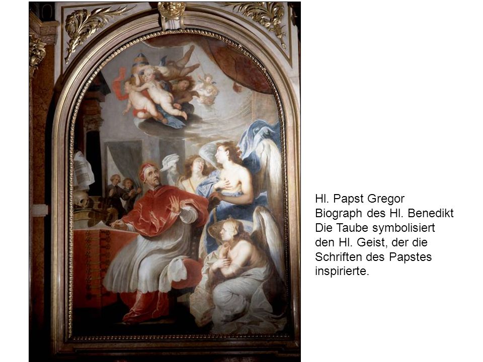 Hl. Papst Gregor Biograph des Hl. Benedikt. Die Taube symbolisiert. den Hl. Geist, der die Schriften des Papstes.