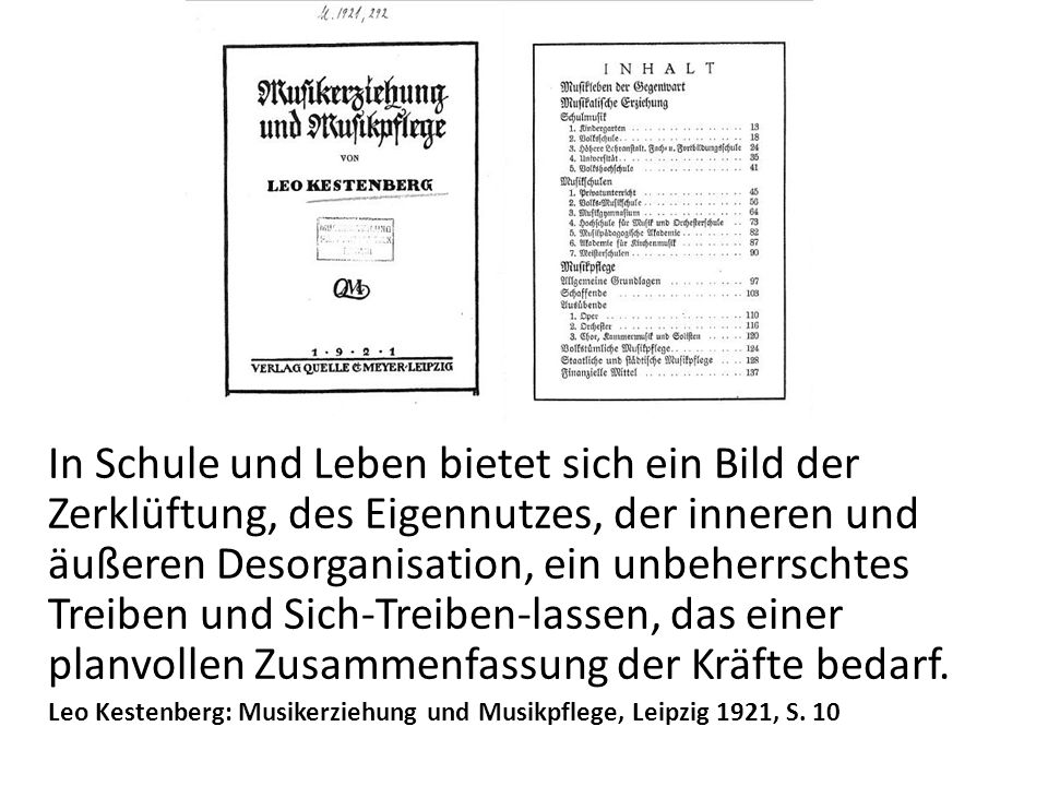 In Schule und Leben bietet sich ein Bild der Zerklüftung, des Eigennutzes, der inneren und äußeren Desorganisation, ein unbeherrschtes Treiben und Sich-Treiben-lassen, das einer planvollen Zusammenfassung der Kräfte bedarf.
