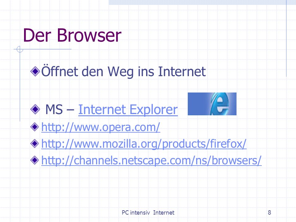 Der Browser Öffnet den Weg ins Internet MS – Internet Explorer