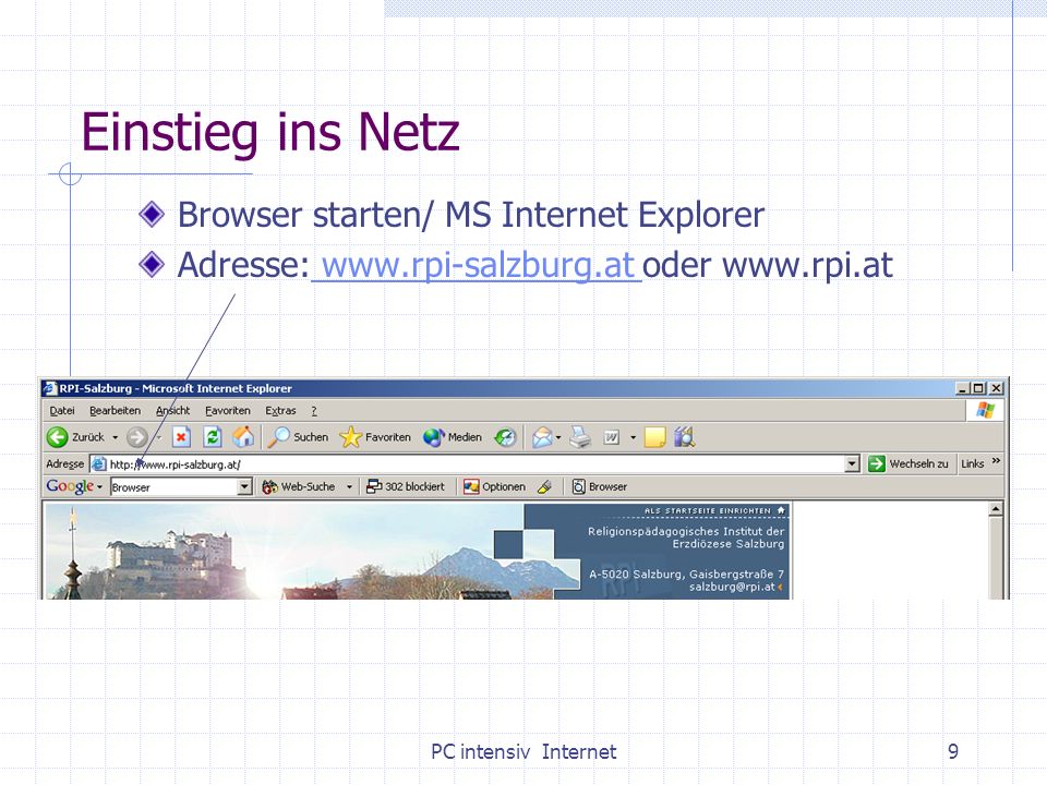Einstieg ins Netz Browser starten/ MS Internet Explorer