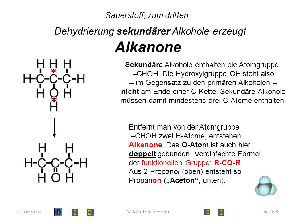 Sauerstoff, zum dritten: Dehydrierung sekundärer Alkohole erzeugt Alkanone