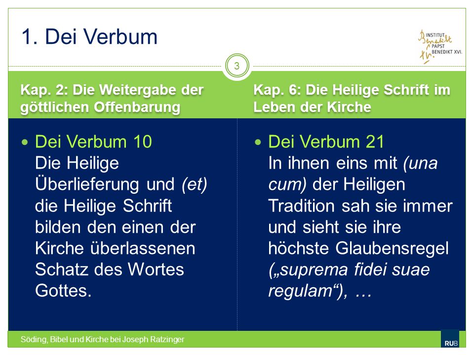 1. Dei Verbum Kap. 2: Die Weitergabe der göttlichen Offenbarung. Kap. 6: Die Heilige Schrift im Leben der Kirche.