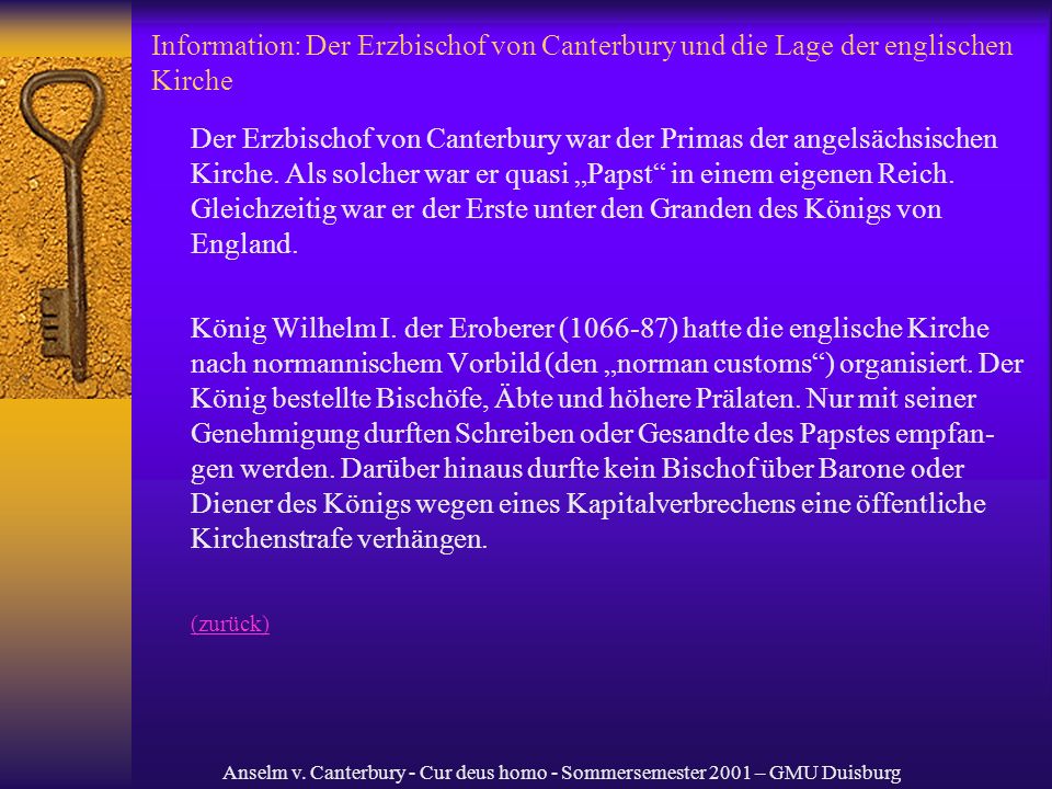 Information: Der Erzbischof von Canterbury und die Lage der englischen Kirche