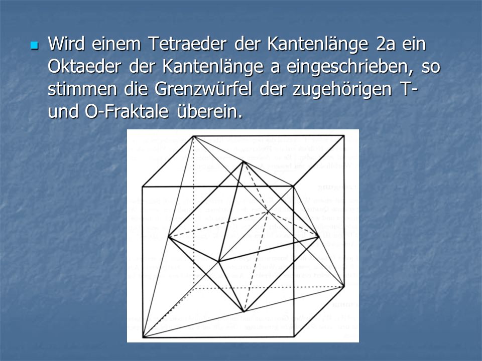Wird einem Tetraeder der Kantenlänge 2a ein Oktaeder der Kantenlänge a eingeschrieben, so stimmen die Grenzwürfel der zugehörigen T- und O-Fraktale überein.