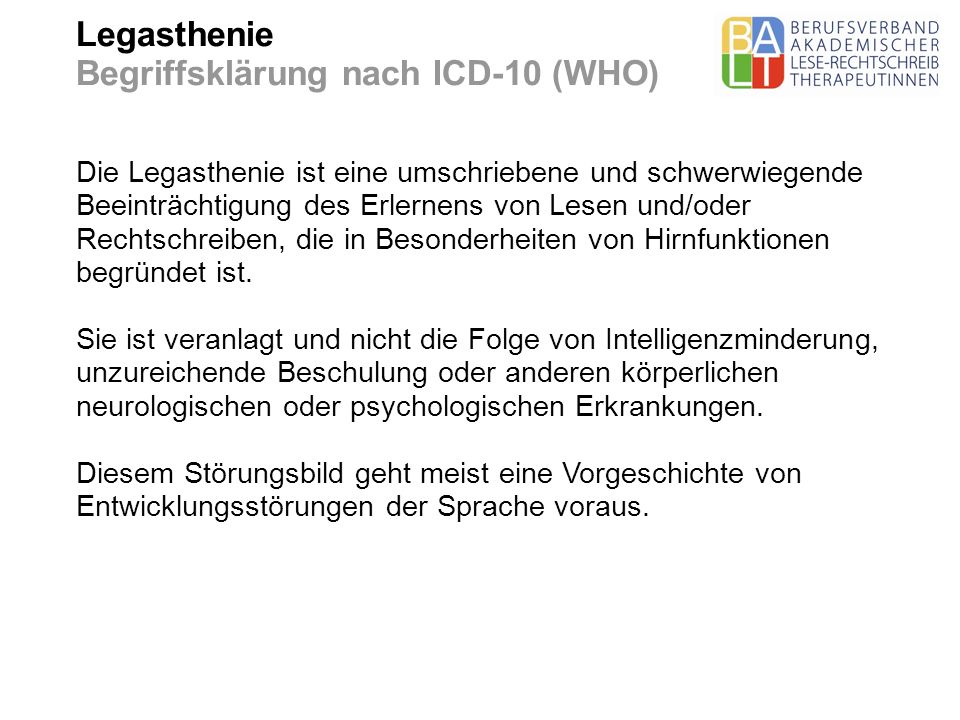 Legasthenie Begriffsklärung nach ICD-10 (WHO)