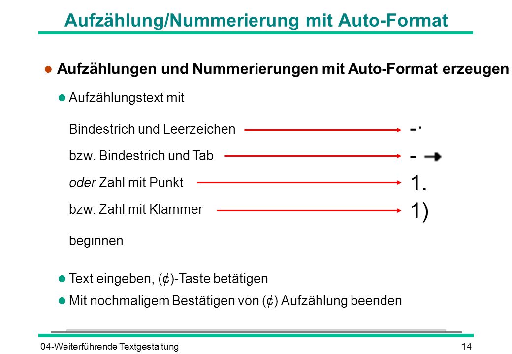 Aufzählung/Nummerierung mit Auto-Format