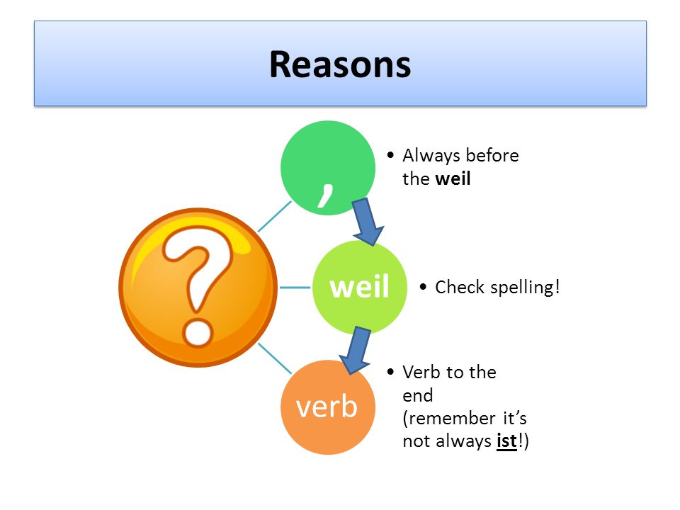 , Reasons weil verb Always before the weil Check spelling!