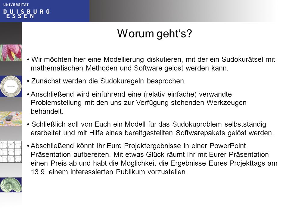 Worum geht‘s Wir möchten hier eine Modellierung diskutieren, mit der ein Sudokurätsel mit mathematischen Methoden und Software gelöst werden kann.