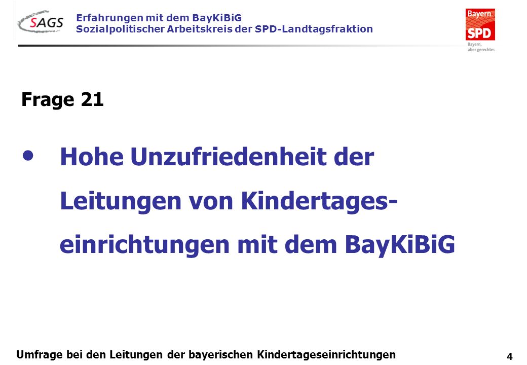 Frage 21 Hohe Unzufriedenheit der Leitungen von Kindertages-einrichtungen mit dem BayKiBiG.