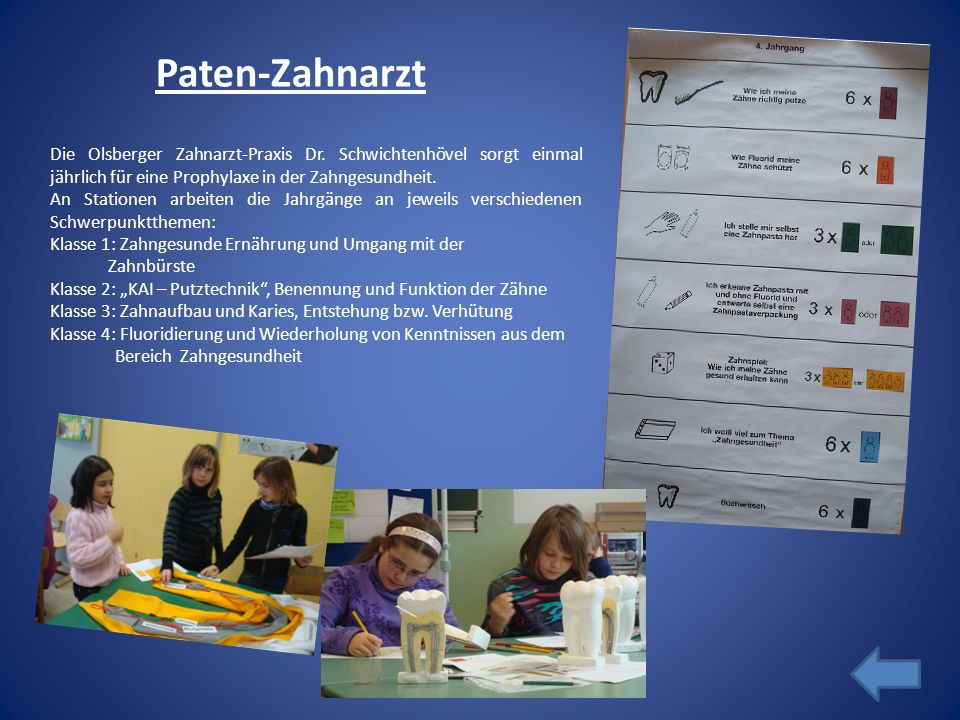 Paten-Zahnarzt Die Olsberger Zahnarzt-Praxis Dr. Schwichtenhövel sorgt einmal jährlich für eine Prophylaxe in der Zahngesundheit.
