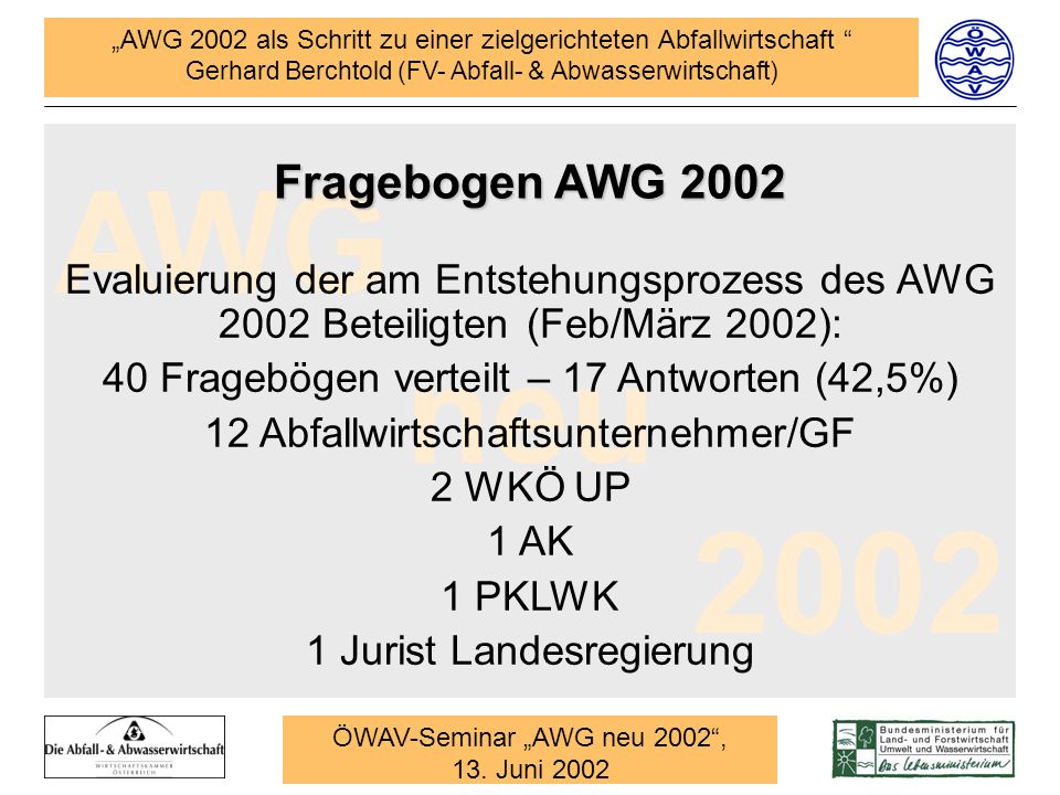 Fragebogen AWG 2002 Evaluierung der am Entstehungsprozess des AWG 2002 Beteiligten (Feb/März 2002):