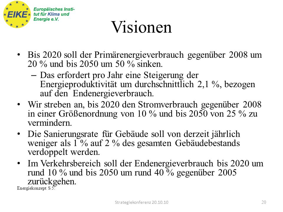 Visionen Bis 2020 soll der Primärenergieverbrauch gegenüber 2008 um 20 % und bis 2050 um 50 % sinken.