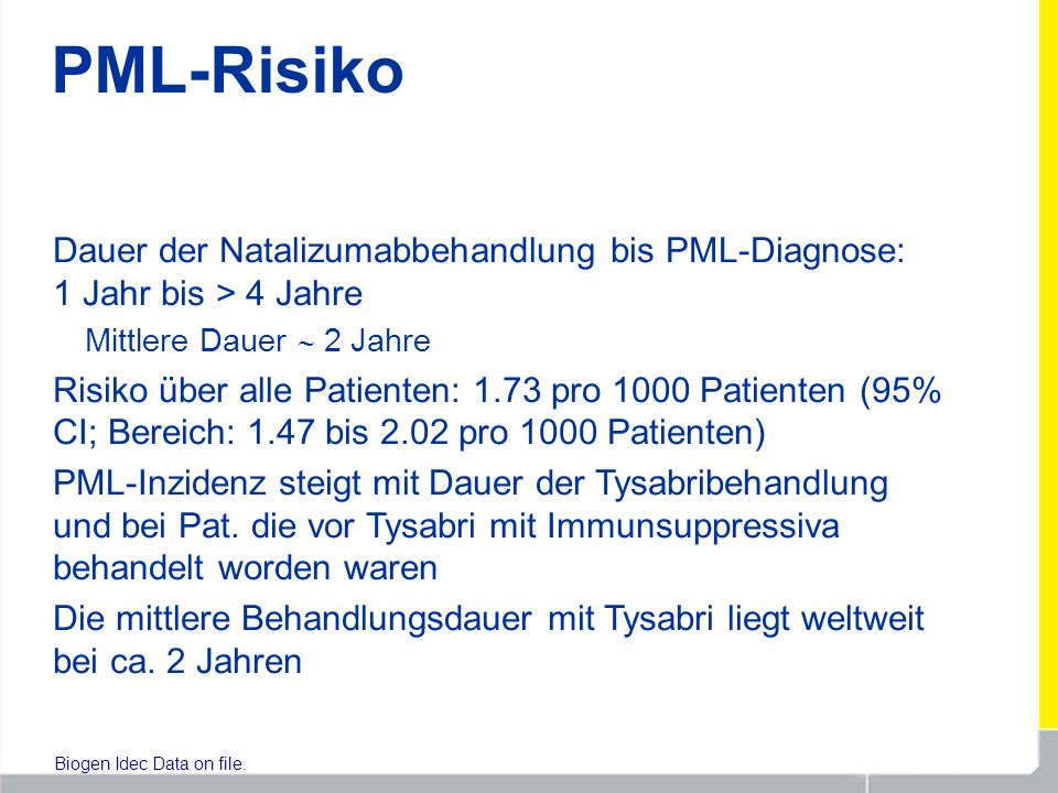 PML-Risiko Dauer der Natalizumabbehandlung bis PML-Diagnose: 1 Jahr bis > 4 Jahre. Mittlere Dauer  2 Jahre.