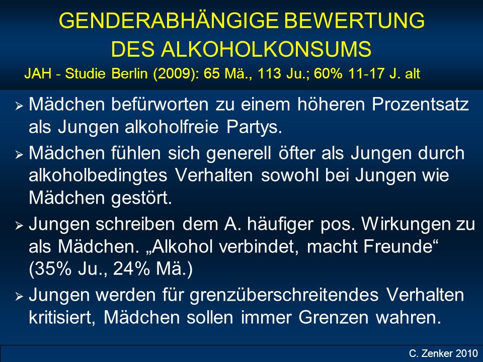GENDERABHÄNGIGE BEWERTUNG DES ALKOHOLKONSUMS JAH - Studie Berlin (2009): 65 Mä., 113 Ju.; 60% J. alt