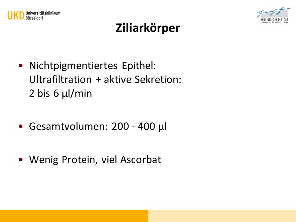 Ziliarkörper Nichtpigmentiertes Epithel: Ultrafiltration + aktive Sekretion: 2 bis 6 µl/min. Gesamtvolumen: µl.
