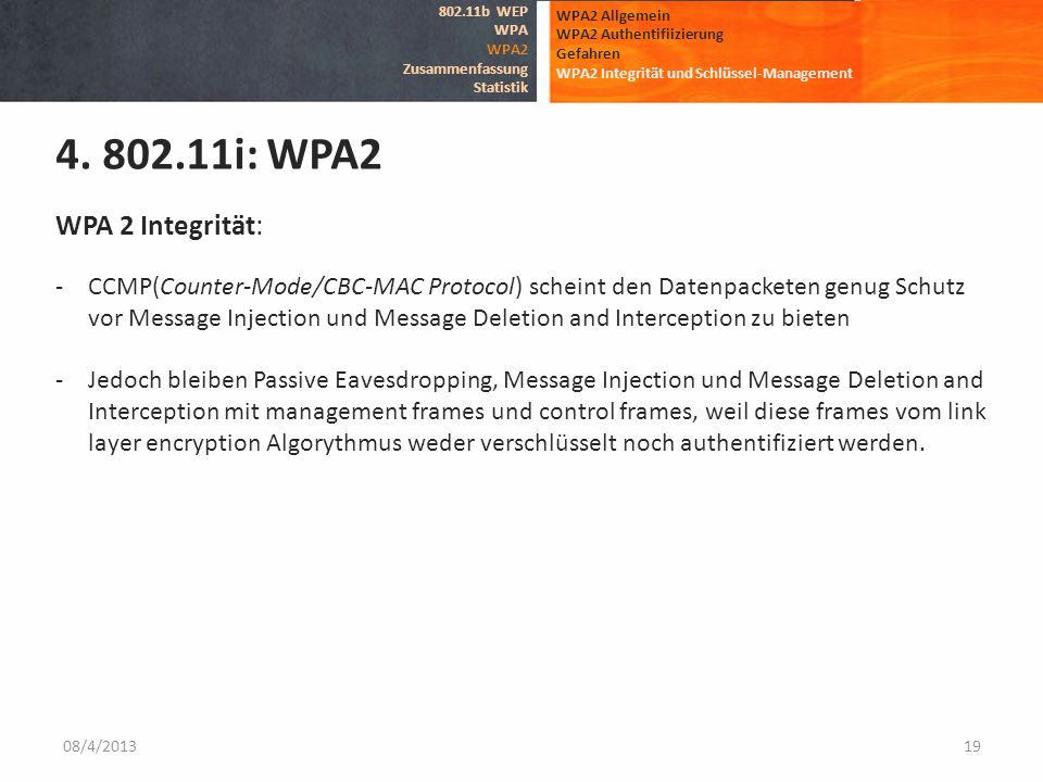 802.11b WEP WPA. WPA2. Zusammenfassung. Statistik. WPA2 Allgemein. WPA2 Authentifiizierung. Gefahren.