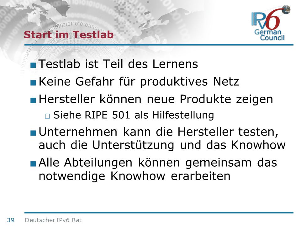 Testlab ist Teil des Lernens Keine Gefahr für produktives Netz
