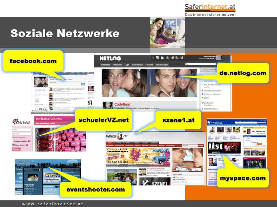 Soziale Netzwerke facebook.com de.netlog.com schuelerVZ.net szene1.at