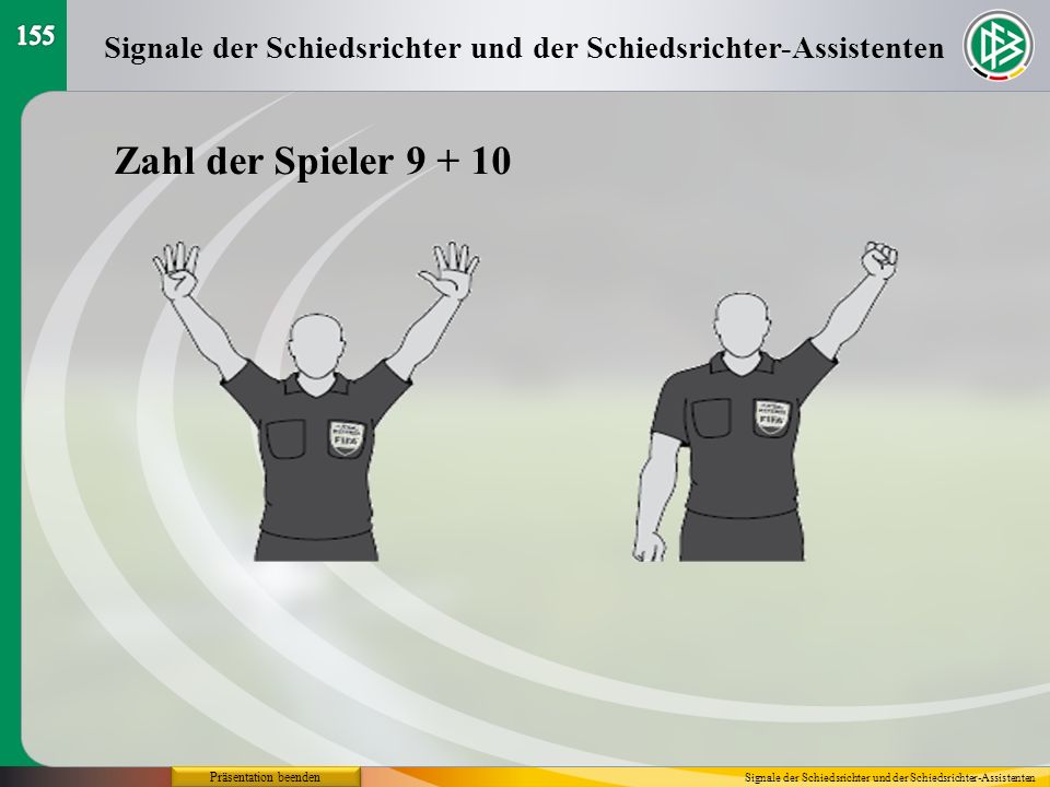 155 Signale der Schiedsrichter und der Schiedsrichter-Assistenten. Zahl der Spieler Präsentation beenden.