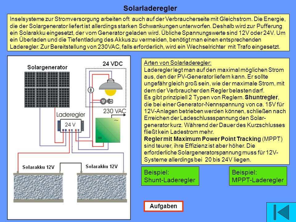 Solarladeregler Beispiel: Shunt-Laderegler Beispiel: MPPT-Laderegler