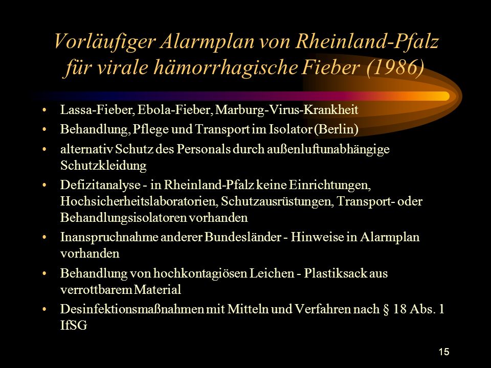 Vorläufiger Alarmplan von Rheinland-Pfalz für virale hämorrhagische Fieber (1986)