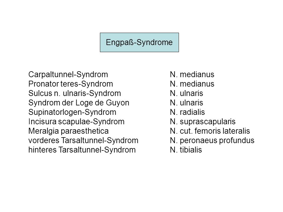 Engpaß-Syndrome Carpaltunnel-Syndrom N. medianus. Pronator teres-Syndrom N. medianus. Sulcus n. ulnaris-Syndrom N. ulnaris.