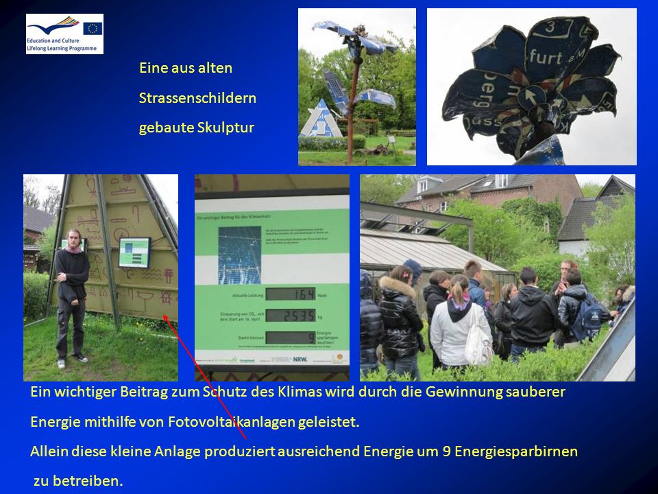 Eine aus alten Strassenschildern. gebaute Skulptur. Ein wichtiger Beitrag zum Schutz des Klimas wird durch die Gewinnung sauberer.