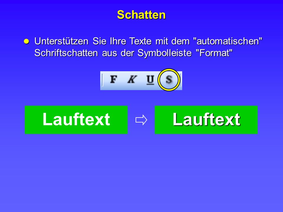 Schatten Unterstützen Sie Ihre Texte mit dem automatischen Schriftschatten aus der Symbolleiste Format