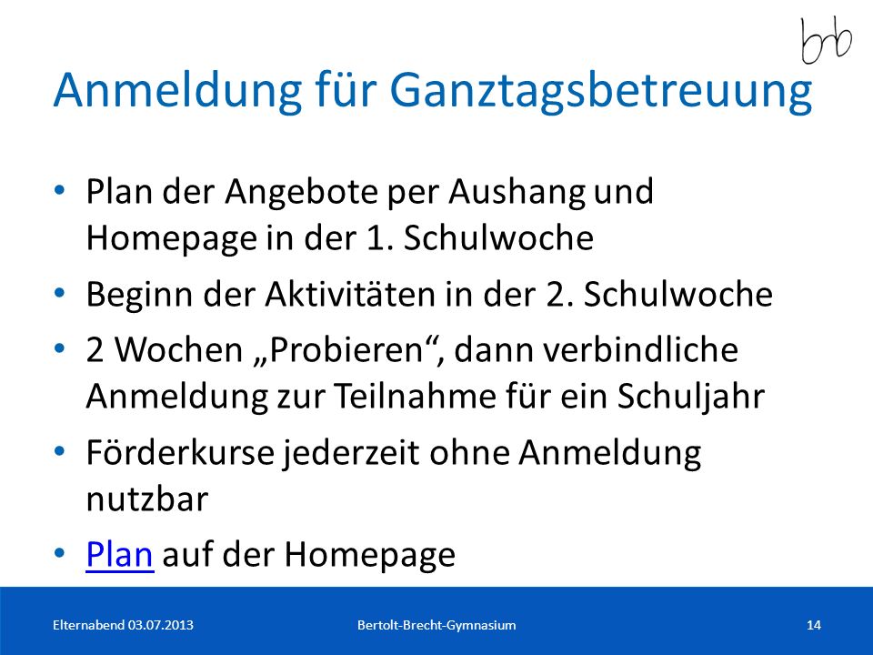 Anmeldung für Ganztagsbetreuung