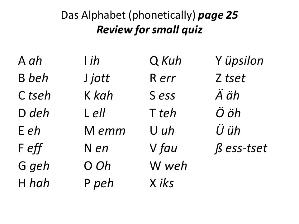 Das Alphabet (phonetically) page 25 Review for small quiz