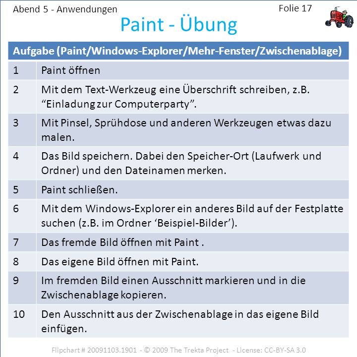 Abend 5 - Anwendungen Paint - Übung. Aufgabe (Paint/Windows-Explorer/Mehr-Fenster/Zwischenablage) 1.