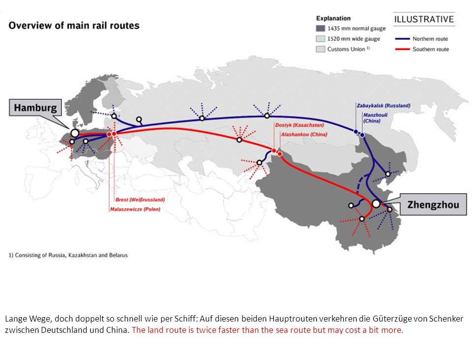 Lange Wege, doch doppelt so schnell wie per Schiff: Auf diesen beiden Hauptrouten verkehren die Güterzüge von Schenker zwischen Deutschland und China.