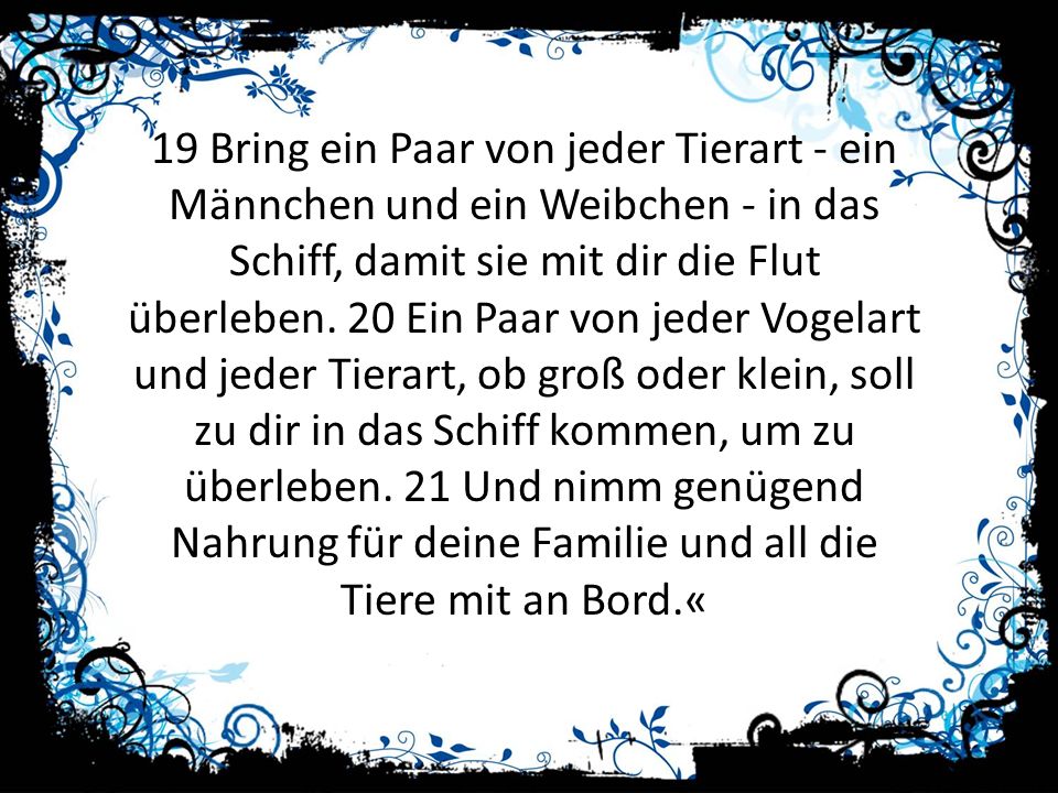 19 Bring ein Paar von jeder Tierart - ein Männchen und ein Weibchen - in das Schiff, damit sie mit dir die Flut überleben.