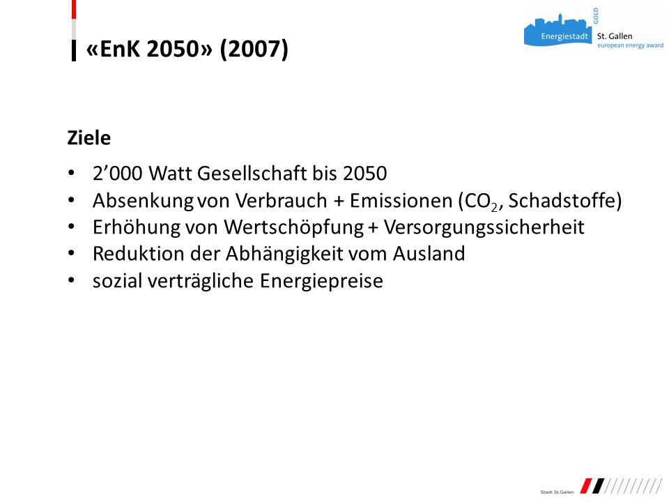 «EnK 2050» (2007) Ziele 2’000 Watt Gesellschaft bis 2050