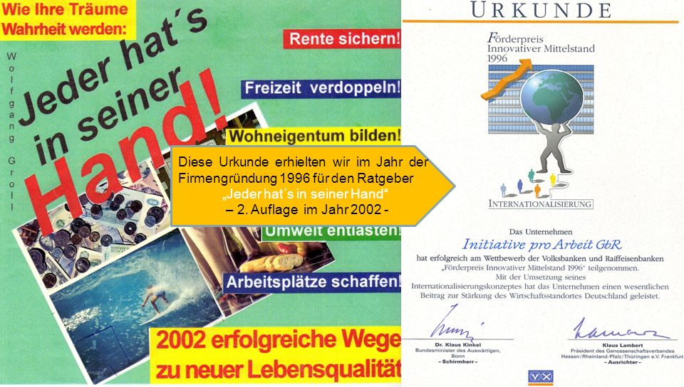 Diese Urkunde erhielten wir im Jahr der Firmengründung 1996 für den Ratgeber
