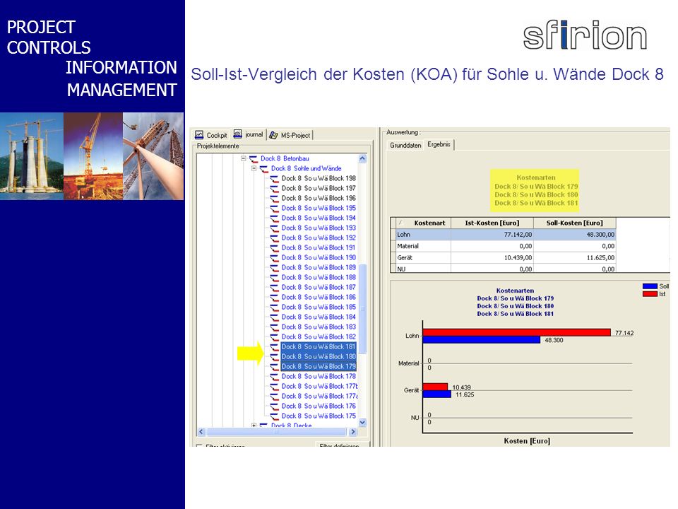 Soll-Ist-Vergleich der Kosten (KOA) für Sohle u. Wände Dock 8