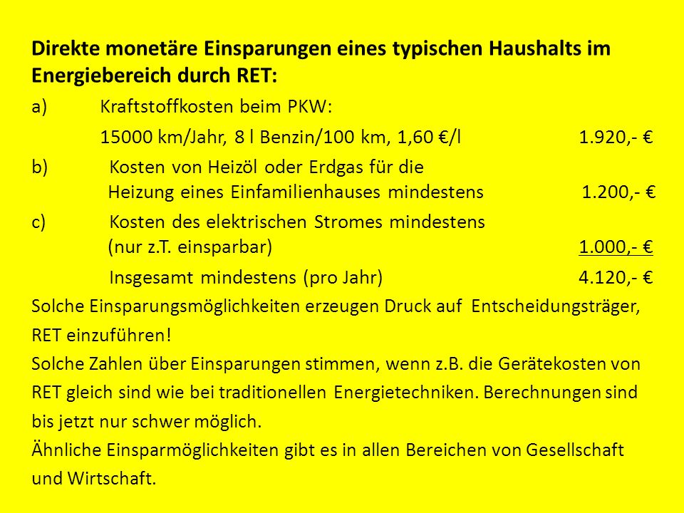 Direkte monetäre Einsparungen eines typischen Haushalts im Energiebereich durch RET: