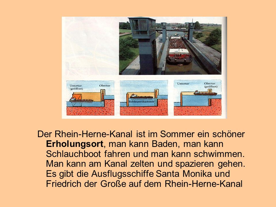 Der Rhein-Herne-Kanal ist im Sommer ein schöner Erholungsort, man kann Baden, man kann Schlauchboot fahren und man kann schwimmen.