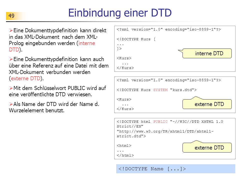 Einbindung einer DTD Eine Dokumenttypdefinition kann direkt in das XML-Dokument nach dem XML-Prolog eingebunden werden (interne DTD).