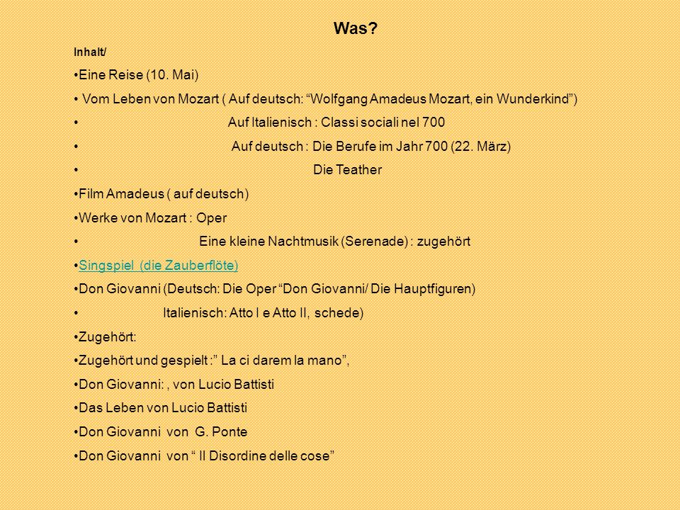 Was Inhalt/ Eine Reise (10. Mai) Vom Leben von Mozart ( Auf deutsch: Wolfgang Amadeus Mozart, ein Wunderkind )